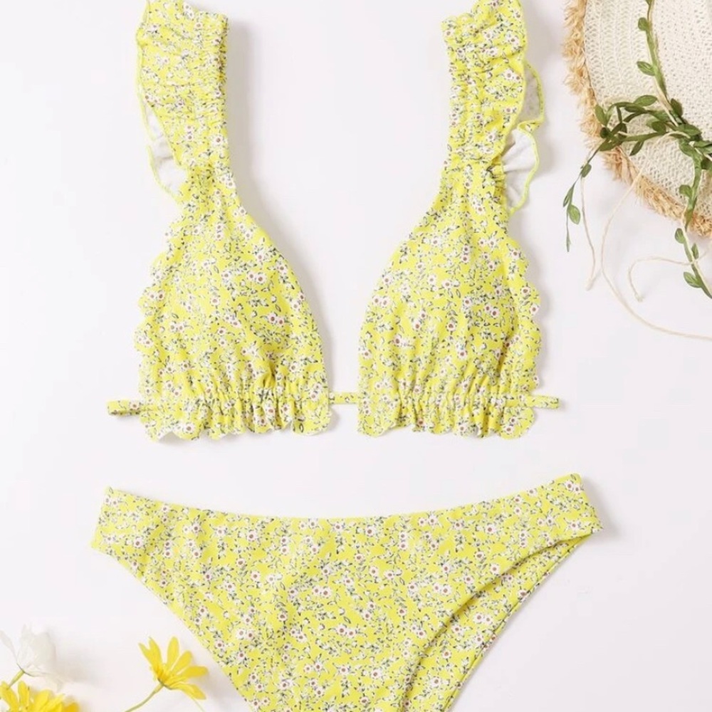 Yellow floral ruffle bikini